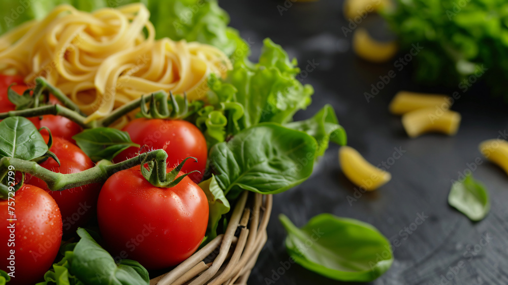 Tomatoes in a wicker basket and green leaves