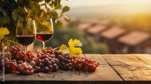 Grapes on a wooden table blurred background