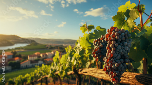 Vineyard with ripe grapes in countryside at sunset. Production of fine wines background