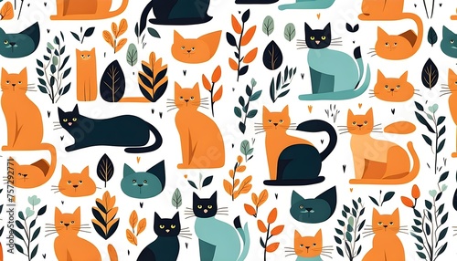 Cat Pattern in Scandinavian Art Style Background Wallpaper
