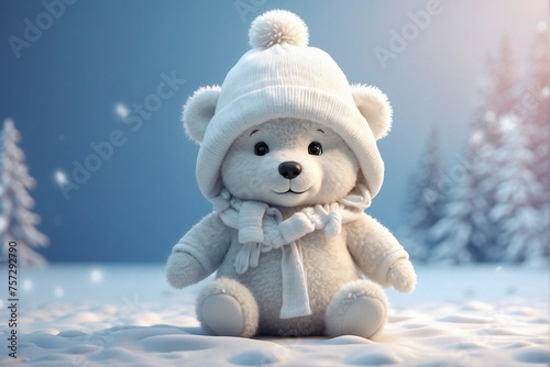 White Plush Bear in a White Fluffy Hat Standing on Snow. © alexx_60