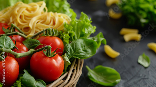 Tomatoes in a wicker basket and green leaves