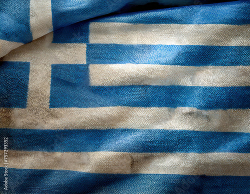Grunge Greece flag, crumpled fabric texture background.