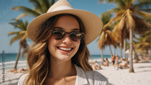 Girl with glasses and hat smiling on a sunny beach close-up © Alexey Akimov