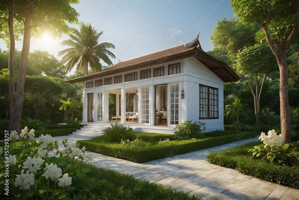 Cozy White House in a Green Blooming Garden. Cozy White House in a Green Blooming Garden.
