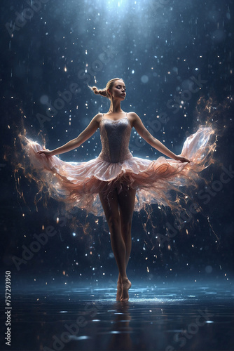 Water Drops and Splashes Hit the Perfect Female Human Body of a Dancing Ballerina.