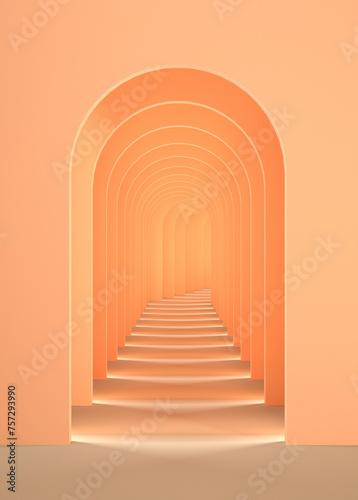 3d surreal render. Abstract arch tunnel peach pastel vertical background. Peach Fuzz color of the year 2024 concept rendering. Surrealistic interior 3d illustration.