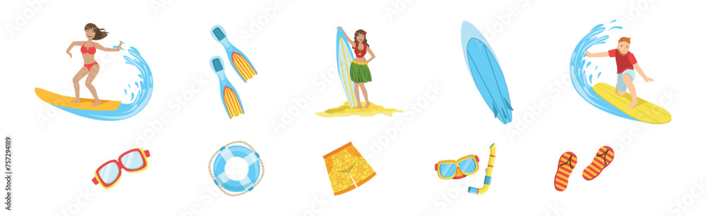 Man and Woman Surfer Character with Surfboard Vector Set Man and Woman Surfer Character with Surfboard Vector Set