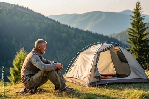 Man relaxing next to a tent in a calm natural environment, copy space for hiking and adventure