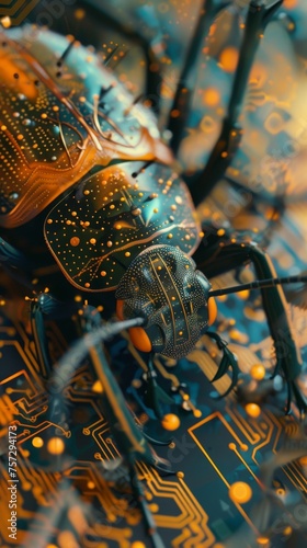 A 3D animation of a visionary bug morphed with a digital computer, featuring an intricate circuit pattern