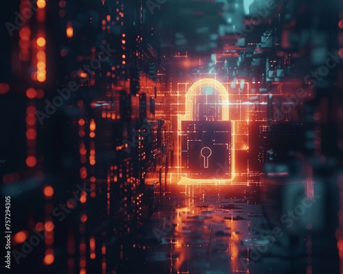 Unique portrayal of a digital padlock floating in an abstract cyber space