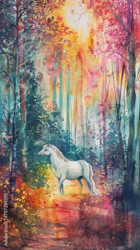 Enchanting watercolor illustration of a mythical unicorn in a magical autumn forest with vibrant sunset colors  ideal as a fairytale book background or a fantasy-themed design element