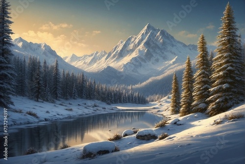 Snowy Landscape with Coniferous Forest and Snow-Covered Mountains on a Frosty Day. photo