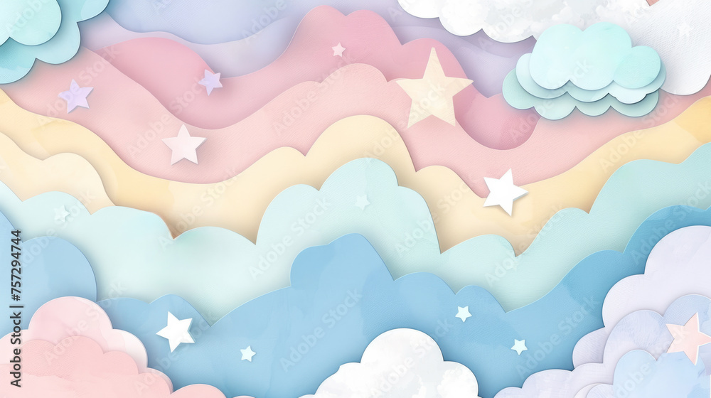 Pastel-colored paper art Kawaii background with wavy layers and cut-out stars and clouds, suitable for children's themes, with space for text