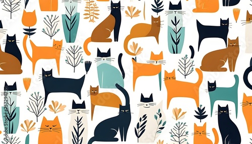 Cat Pattern in Scandinavian Art Style Background Wallpaper