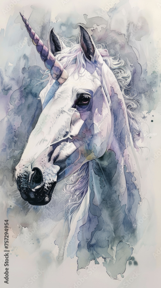Ethereal watercolor illustration of a unicorn head with a spiraled horn, ideal for fantasy-themed designs, with ample negative space for text