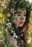 Dawnflower dryad a guardian of meadows her hair and skin blooming with morning flowers basking in the first light of day