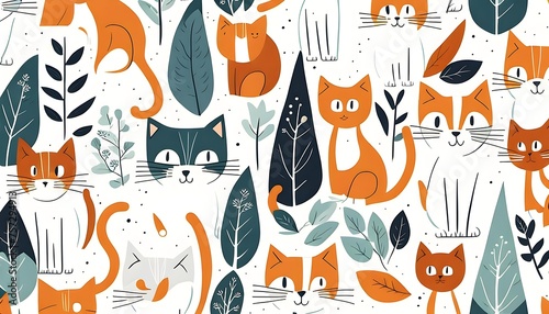 Cat Pattern in Scandinavian Art Style Background Wallpaper
