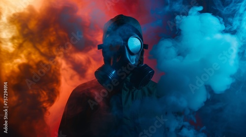 Silhouette of a toxicologist with a gas mask amidst dense colorful toxic smoke under dim lights