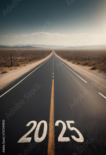 View of a landscape with a road running through it in the center reaching to the horizon. The writing 2024 on the asphalt - New Year and business concept