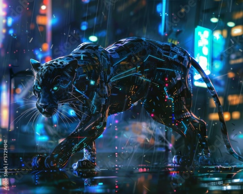 Sleek cyber enhanced panther with laser eyes stealthily navigating a futuristic urban jungle neon reflections