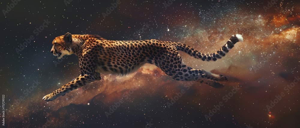 A hyperrealistic cheetah sprinting across the Milky Way, stars trailing in its wake, evoking a blend of natural speed and cosmic wonder A hyperrealistic cheetah sprinting across the Milky Way, stars trailing in its wake, evoking a blend of natural speed and cosmic wonder