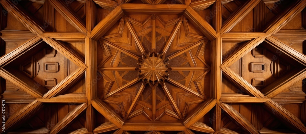 A closeup of a brown wooden ceiling with a symmetrical pattern of tints and shades, resembling artwork. The pattern consists of circles and rims, with a touch of metal detailing