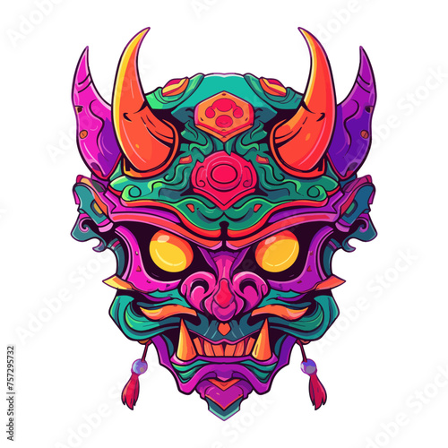 Japanese style ghost face mask character design. Vector illustration of modern monster, creature, horror. For printing t-shirts, stickers, clip art. Isolated on white background.