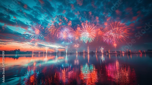 Vibrant Fireworks Display Over Lake