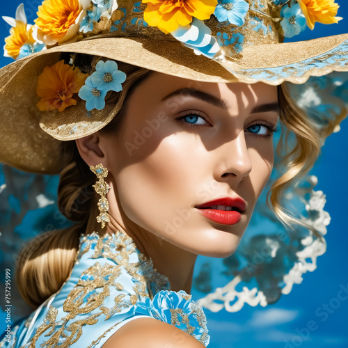 A woman wearing a blue and yellow hat with flowers on it. She is wearing red lipstick and has her hair in a bun