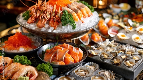 Exquisite seafood buffet featuring an array of dishes from salmon to sea urchin