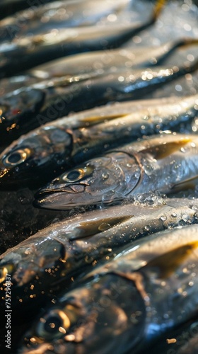 Glistening morning dew on a seafood stall showcasing pristine Pacific saury