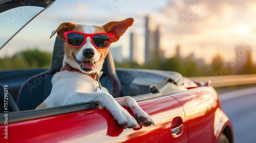 happy fashion puppy dog wearing red sun glasses on red sport car with open window travel trip with fun in city during vacation with view of city behind © kunchainub