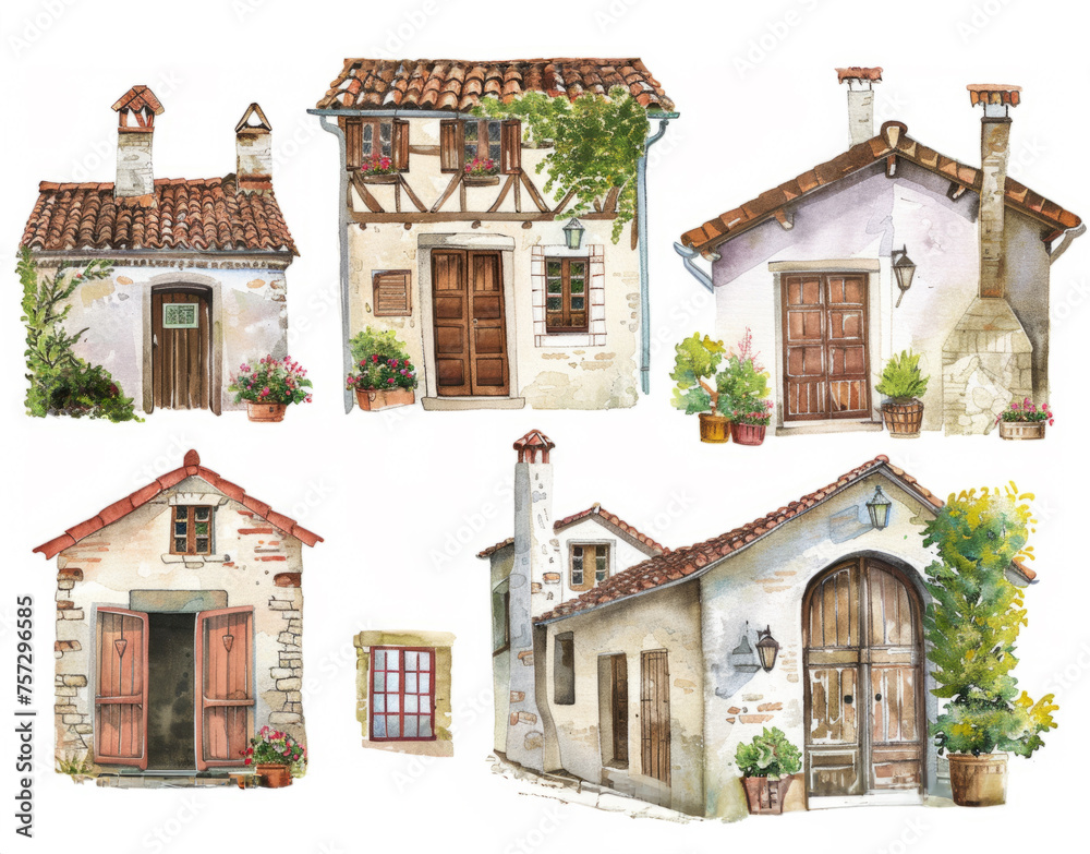 Collection of watercolor illustrations featuring quaint European-style cottages with space for text, ideal for travel, real estate, or cultural themes