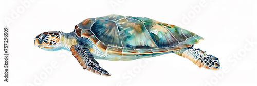 Watercolor painting of a large sea turtle swimming, white background 