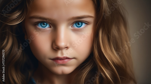 A young girl with long brown hair and blue eyes. She has a serious expression on her face