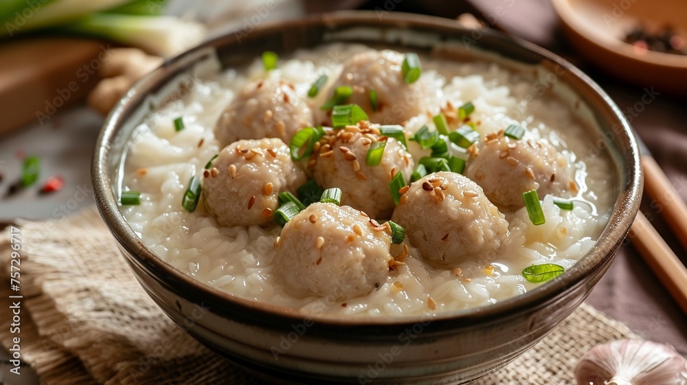 Jok comforting rice porridge with pork meatballs Jok comforting rice porridge with pork meatballs