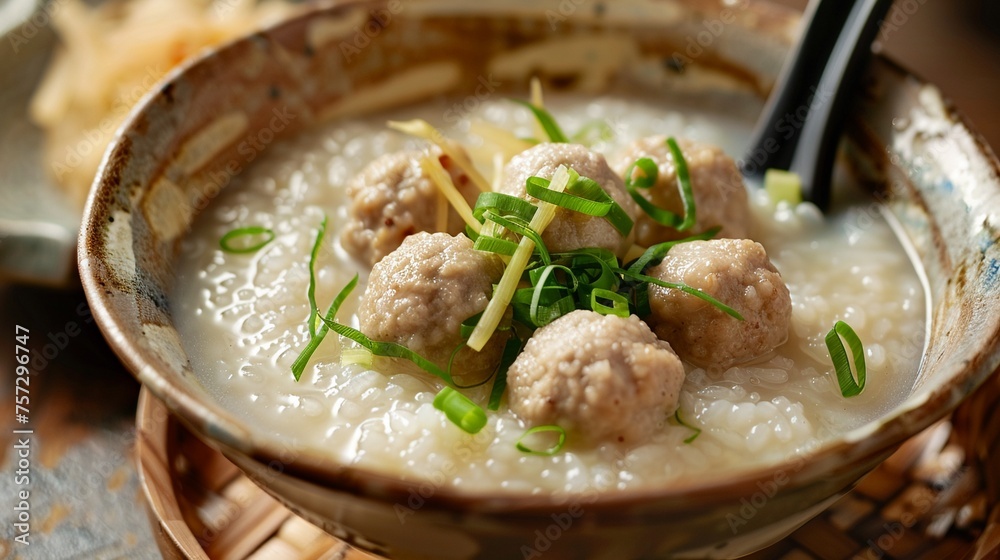 Jok comforting rice porridge with pork meatballs Jok comforting rice porridge with pork meatballs