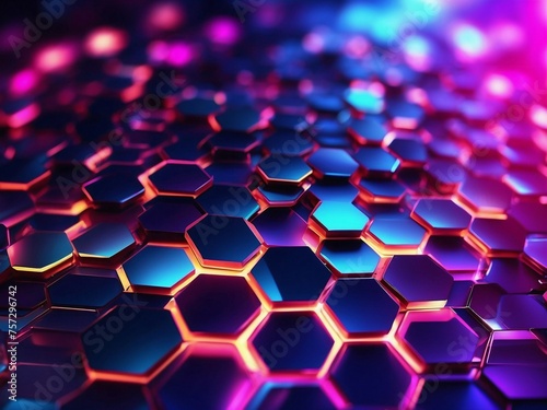 Colorful glowing hexagonal network digital abstract pattern background with neon colors. Gradient seamless hexagon shape banner