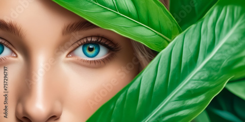 A woman's face is shown through a leafy green plant. The woman has blue eyes and a light skin tone. Concept of natural beauty and harmony between the woman and the plant