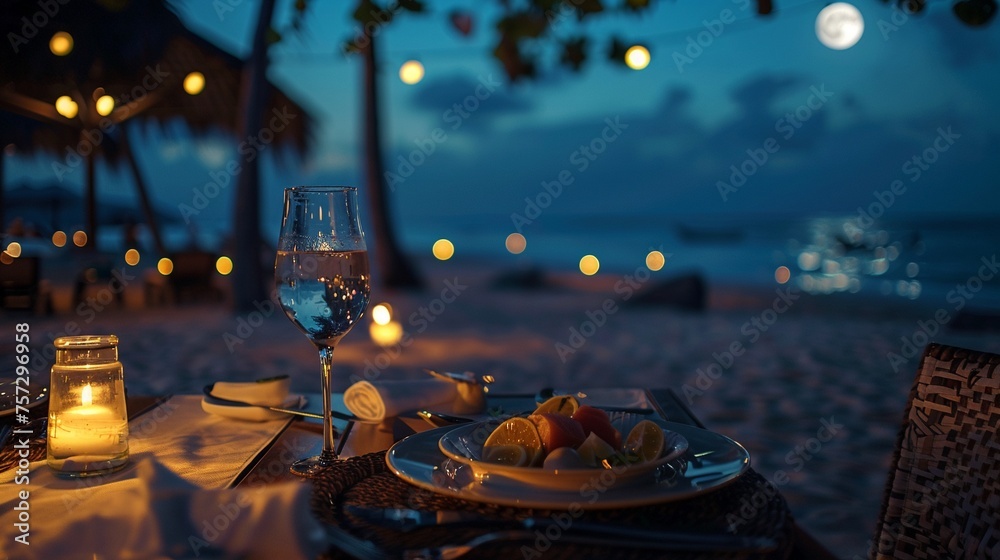 Moonlit beach dinner setting with a focus on a seafood platter including succulent tuna and salmon Moonlit beach dinner setting with a focus on a seafood platter including succulent tuna and salmon