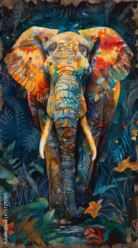 Vividly colored artwork of an elephant with tropical foliage, ideal for backgrounds and environmental conservation themes, with ample space for text © fotogurmespb