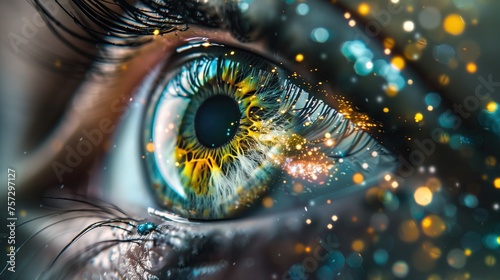 Human eye, stars in the eye, zoom into real photography.