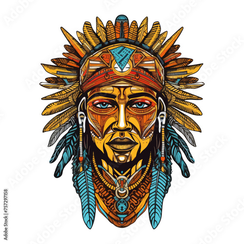 Male tribal chief face character design, with ethnic feather hat. Colorful modern vector illustration. To print t-shirts, stickers, clip art, mascots. Isolated on white background.