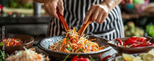 The art of Som Tum with fresh ingredients being pounded to perfection photo