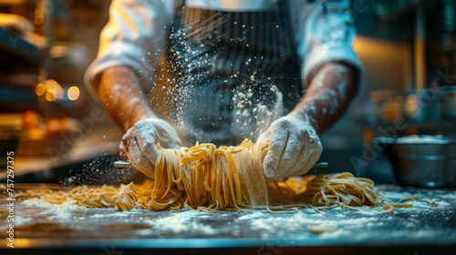 Chef Sprinkling Pasta on Table