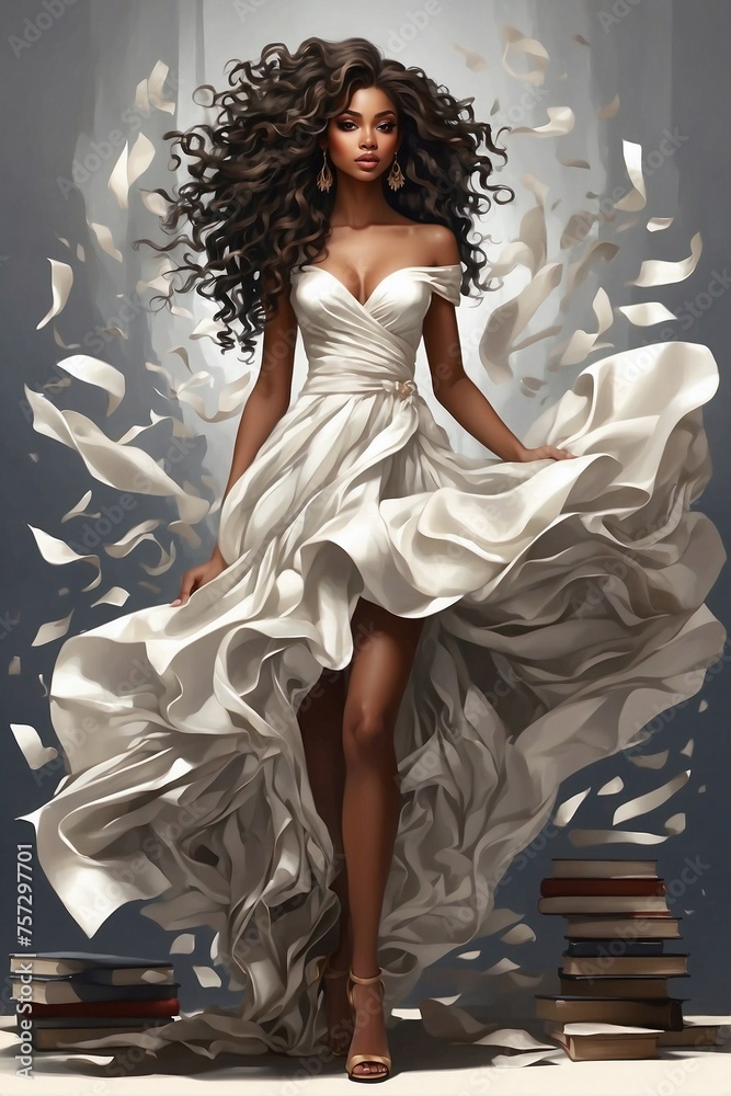 The image of a beautiful young slender African-American woman with dark, very curly long lush hair The image of a beautiful young slender African-American woman with dark, very curly long lush hair