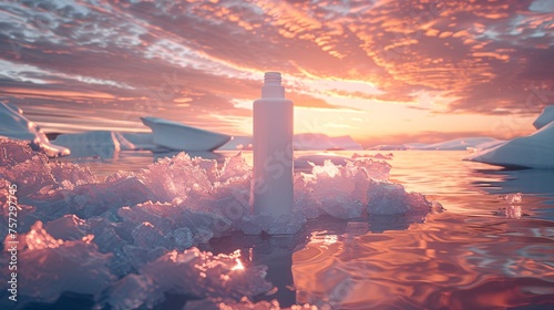 white cosmetic bottle 350ml mockup with icy glacial icebergs background, a rich sunset filtering light through the ice floor