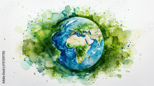 Watercolor rendition of green Earth for Environment Day, watercolor, white background 