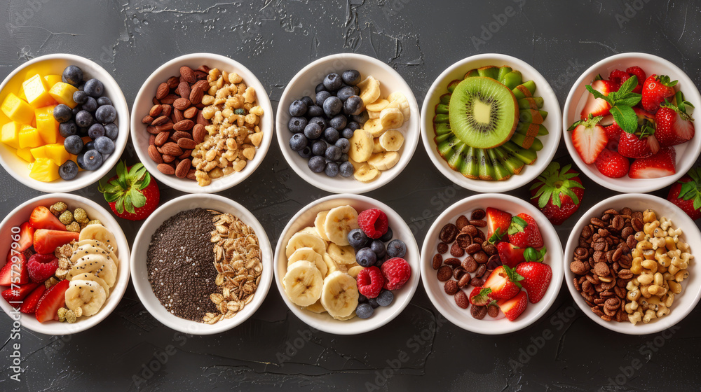 An assortment of nutritious cereal options paired with vibrant, freshly chopped fruits presented in white bowls An assortment of nutritious cereal options paired with vibrant, freshly chopped fruits presented in white bowls